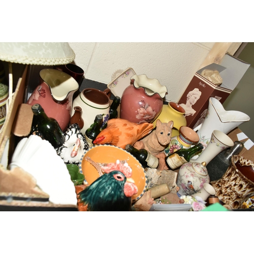 485 - TWO BOXES AND LOOSE ASSORTED CERAMICS, LAMPS AND SUNDRY ITEMS ETC, to include eight Royal Albert 'Qu... 