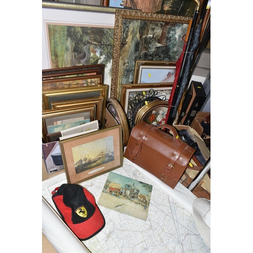 488 - TWO BOXES OF BAGS, HATS AND A QUANTITY OF FRAMED PAINTINGS AND PRINTS, to include two brown leather ... 