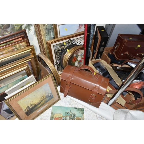 488 - TWO BOXES OF BAGS, HATS AND A QUANTITY OF FRAMED PAINTINGS AND PRINTS, to include two brown leather ... 