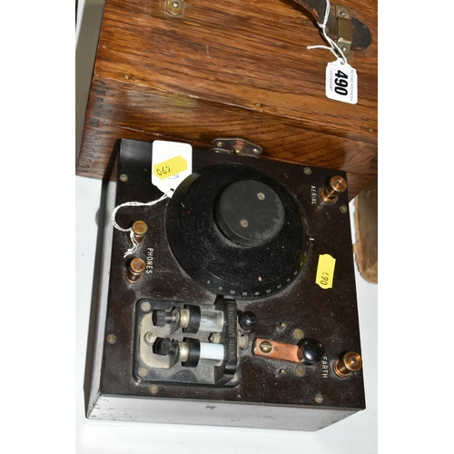 490 - A GROUP OF FOUR CRYSTAL RADIO RECIEVING SETS, comprising a hinged wooden case containing an A.W Gama... 