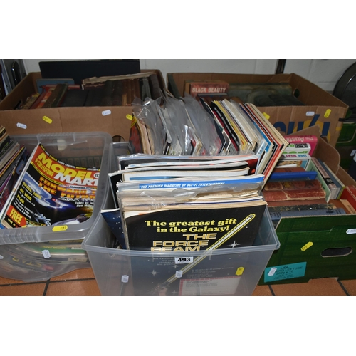 493 - FIVE BOXES OF BOOKS & MAGAZINES to include approximately sixty miscellaneous titles in hardback and ... 