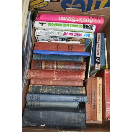 493 - FIVE BOXES OF BOOKS & MAGAZINES to include approximately sixty miscellaneous titles in hardback and ... 