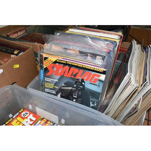 493 - FIVE BOXES OF BOOKS & MAGAZINES to include approximately sixty miscellaneous titles in hardback and ... 