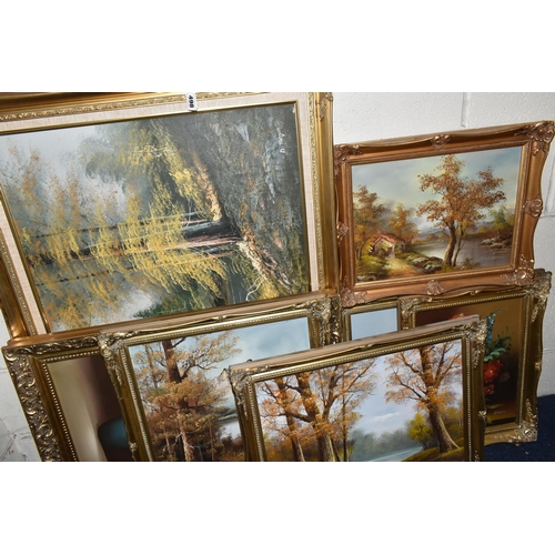 498 - EIGHT LATE 20TH CENTURY LANDSCAPE AND STILL LIFE OIL PAINTINGS, to include two large river landscape... 