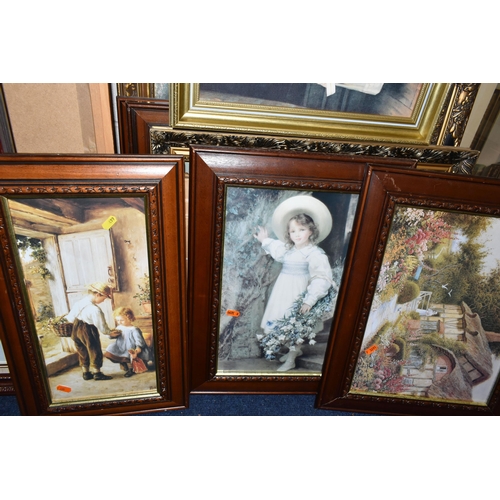 499 - EIGHTEEN FRAMED DECORATIVE PRINTS, to include reproductions of paintings by Charles Burton Barker, B... 