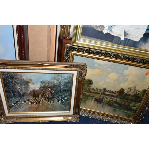 499 - EIGHTEEN FRAMED DECORATIVE PRINTS, to include reproductions of paintings by Charles Burton Barker, B... 