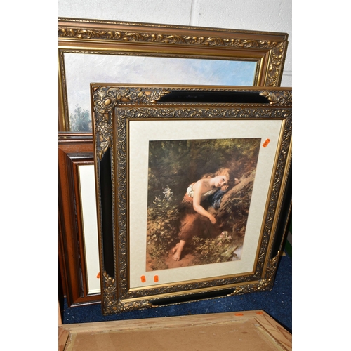 499 - EIGHTEEN FRAMED DECORATIVE PRINTS, to include reproductions of paintings by Charles Burton Barker, B... 