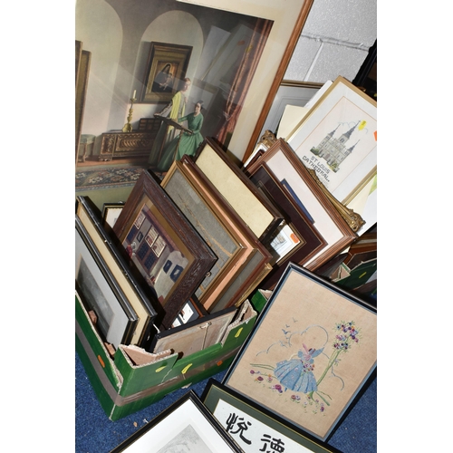 500 - FOUR BOXES AND LOOSE ASSORTED PRINTS ETC, to include late 19th century topographical prints, a Leona... 