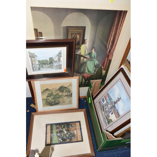 500 - FOUR BOXES AND LOOSE ASSORTED PRINTS ETC, to include late 19th century topographical prints, a Leona... 