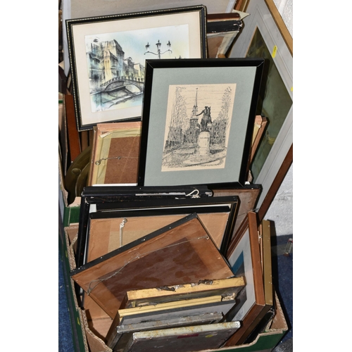 500 - FOUR BOXES AND LOOSE ASSORTED PRINTS ETC, to include late 19th century topographical prints, a Leona... 