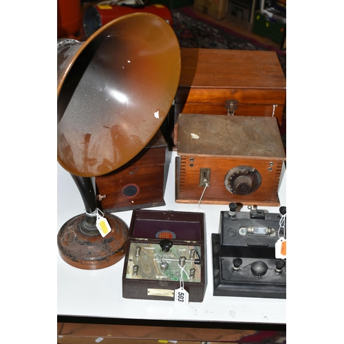 503 - A GROUP OF VINTAGE RADIOS, HORN AND EMPTY BOXES, to include a BBC crystal set marked 'P.O. No 410' a... 