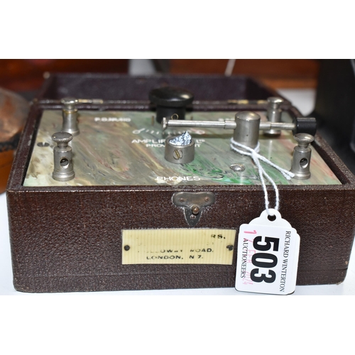 503 - A GROUP OF VINTAGE RADIOS, HORN AND EMPTY BOXES, to include a BBC crystal set marked 'P.O. No 410' a... 