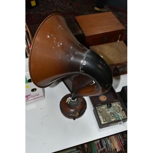 503 - A GROUP OF VINTAGE RADIOS, HORN AND EMPTY BOXES, to include a BBC crystal set marked 'P.O. No 410' a... 