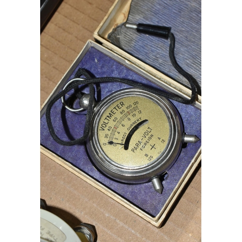 506 - A BOX AND LOOSE MULTIMETERS AND VOLTMETERS, to include a Sangamo Weston DC voltmeter, model 582, a T... 