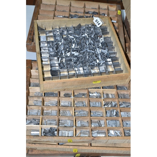 514 - SEVEN WOODEN CONTAINERS OF PRINTER'S METAL TYPEFACE, to include a large quantity of printer's letter... 