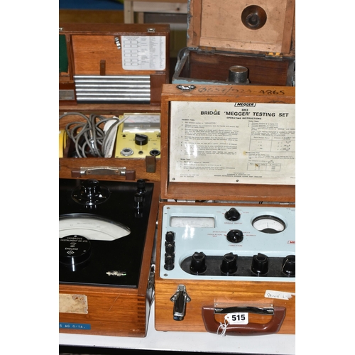 515 - FOUR WOODEN CASED MID-CENTURY ELECTRICAL MEASURING INSTRUMENTS, comprising a Bridge 'Megger' testing... 