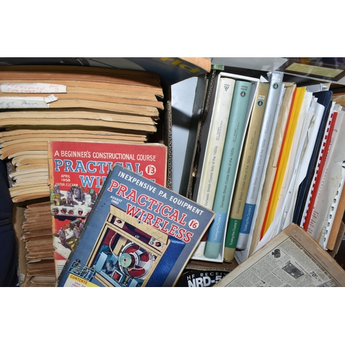 516 - THREE BOXES & LOOSE OF RADIO & WIRELESS EPHEMERA to include a large collection of magazines (Practic... 