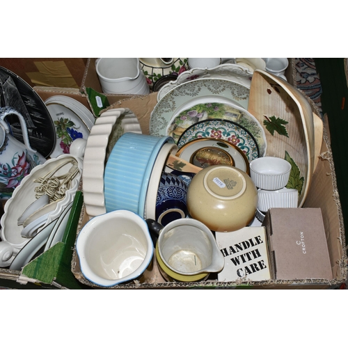 517 - FOUR BOXES OF ASSORTED CERAMICS ETC, a mid-century vase, an Italian wall plate depicting a yacht und... 