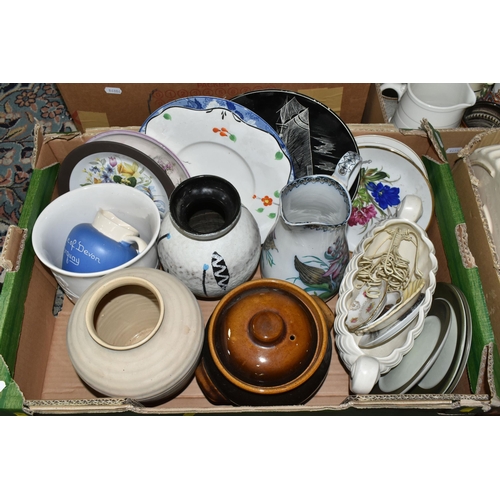 517 - FOUR BOXES OF ASSORTED CERAMICS ETC, a mid-century vase, an Italian wall plate depicting a yacht und... 