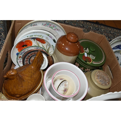 517 - FOUR BOXES OF ASSORTED CERAMICS ETC, a mid-century vase, an Italian wall plate depicting a yacht und... 