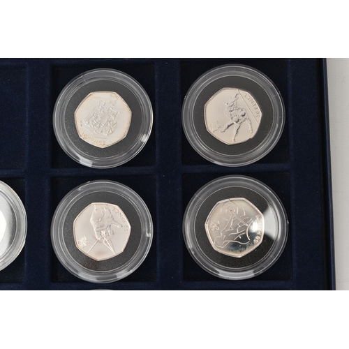 134 - A BOX OF ROYAL MINT COMMEMORATIVE SILVER 50 PENCE COINS, to include eleven coins, from the Olympic '... 