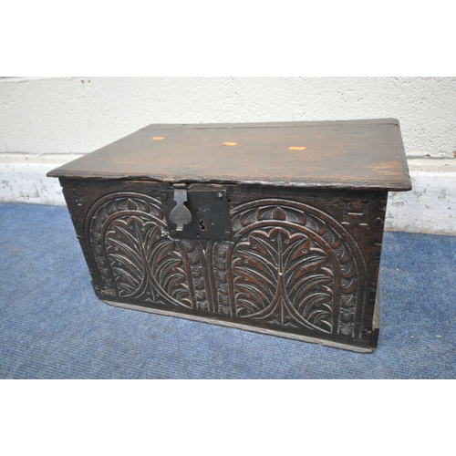 1307 - A GEORGIAN OAK BIBLE BOX, the hinged lid enclosing a candle box, once you remove a panel of wood, it... 