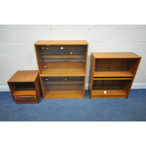 1308 - A PAIR OF 20TH CENTURY TEAK BOOKCASES, with double glazed sliding doors, each with two glass shelves... 