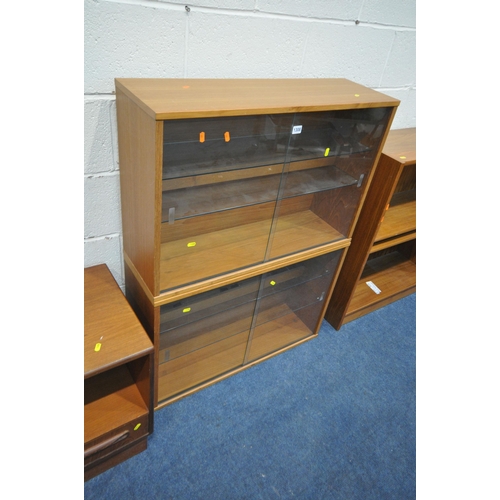 1308 - A PAIR OF 20TH CENTURY TEAK BOOKCASES, with double glazed sliding doors, each with two glass shelves... 