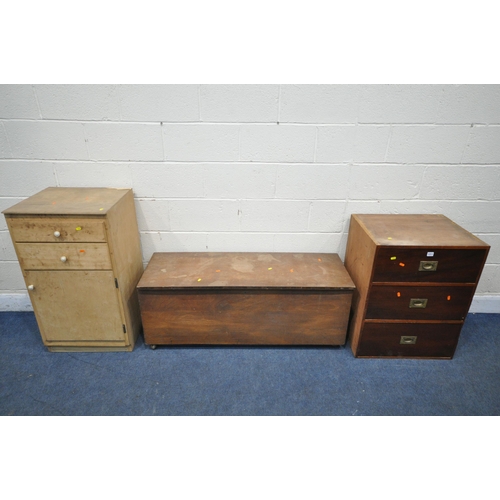 1311 - A MAHOGANY CHEST OF THREE DRAWERS, with brass campaign handles, width 58cm x depth 49cm x height 76c... 