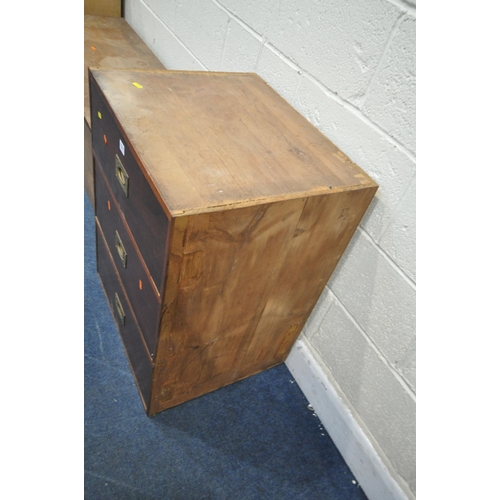 1311 - A MAHOGANY CHEST OF THREE DRAWERS, with brass campaign handles, width 58cm x depth 49cm x height 76c... 