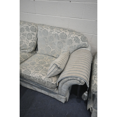 1313 - A PALE TEAL AND FLORAL UPHOLSTERED THREE PIECE SUITE, comprising a three seater sofa, length 220cm x... 