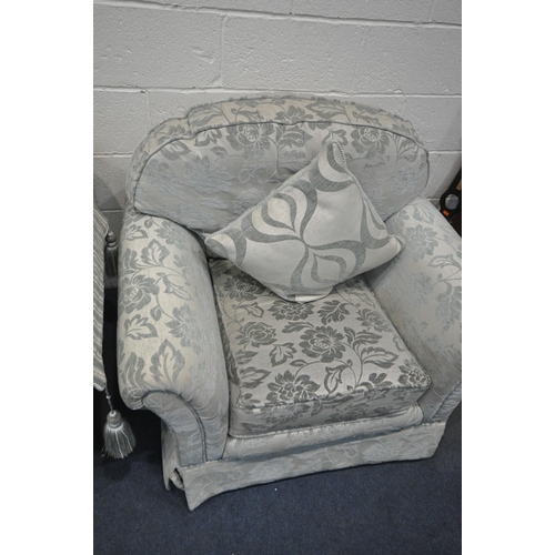 1313 - A PALE TEAL AND FLORAL UPHOLSTERED THREE PIECE SUITE, comprising a three seater sofa, length 220cm x... 