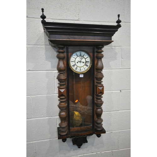 1314 - A GUSTAV BECKER REGULATOR WALL CLOCK, the later loose cornice with twin finials, the arched glazed d... 