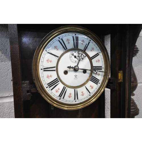 1314 - A GUSTAV BECKER REGULATOR WALL CLOCK, the later loose cornice with twin finials, the arched glazed d... 