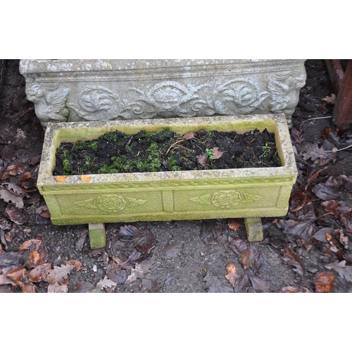 1007 - THREE RECTANGULAR COMPOSITE GARDEN PLANTERS one with brickwork effect and two stands width 77cm (3)