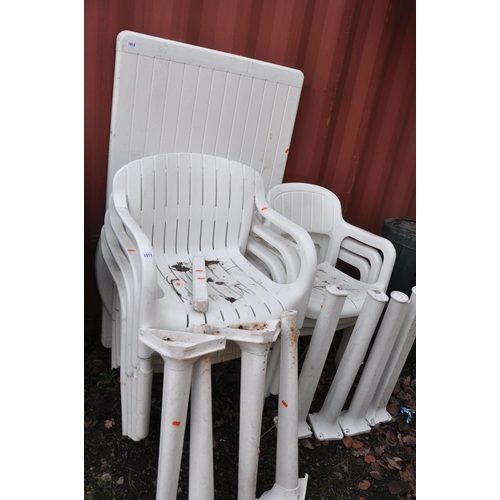 1011 - TWO WHITE PLASTIC TABLES AND SEVEN CHAIRS one table 150 x 87cm rectangular, the other 100cm round (o... 