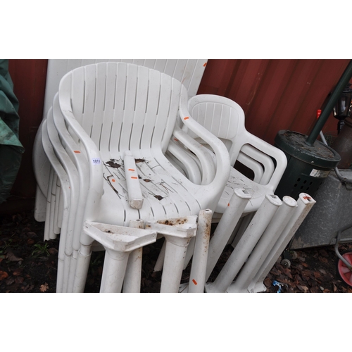 1011 - TWO WHITE PLASTIC TABLES AND SEVEN CHAIRS one table 150 x 87cm rectangular, the other 100cm round (o... 