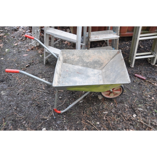 1014 - THREE SET OF ALUMINIUM STEP LADDERS AND A GALVANISED WHEEL BARROW the longest set brining 270cm high... 