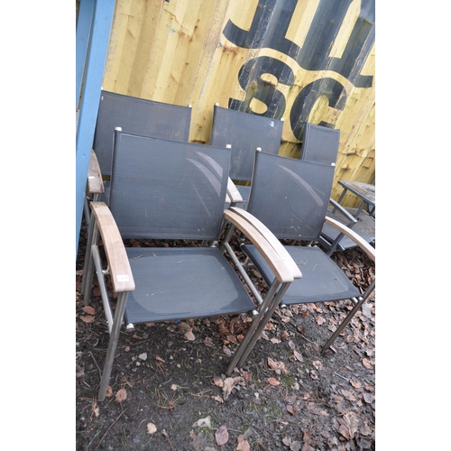 1019 - A SET OF FOUR TEAK AND STAINLESS STEEL GARDEN CHAIRS width 66cm Condition Report: some paint splashe... 