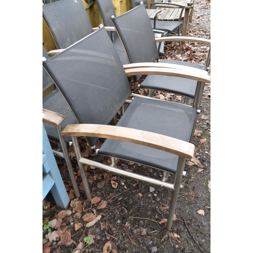 1019 - A SET OF FOUR TEAK AND STAINLESS STEEL GARDEN CHAIRS width 66cm Condition Report: some paint splashe... 