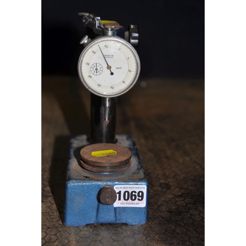 1069 - A VINTAGE MERCER 95011441 DIAL GAUGE STAND with dial gauge fitted and two other dial gauge stands