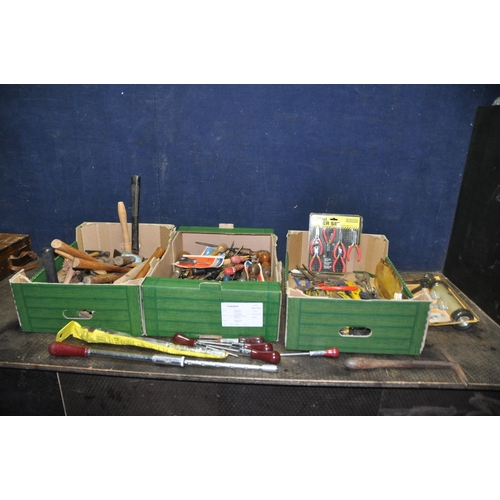 1075 - THREE TRAYS CONTAINING HAND TOOLS including upholsters hammer, brick, ball pein, pin hammers, axes, ... 