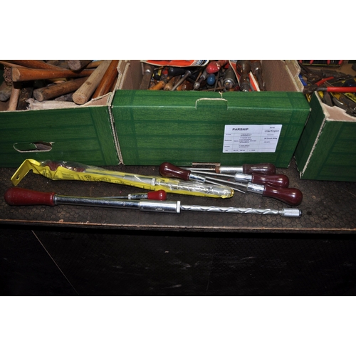 1075 - THREE TRAYS CONTAINING HAND TOOLS including upholsters hammer, brick, ball pein, pin hammers, axes, ... 