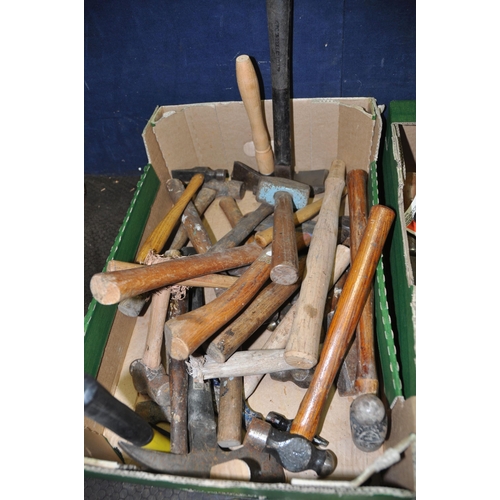 1075 - THREE TRAYS CONTAINING HAND TOOLS including upholsters hammer, brick, ball pein, pin hammers, axes, ... 