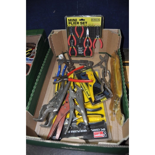 1075 - THREE TRAYS CONTAINING HAND TOOLS including upholsters hammer, brick, ball pein, pin hammers, axes, ... 