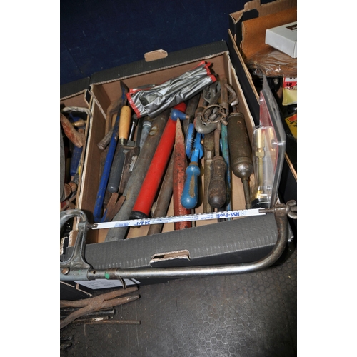 1076 - THREE TRAYS CONTAINING HAND TOOLS including blacksmithing tongue, ladles, hammers, hacksaws and blad... 