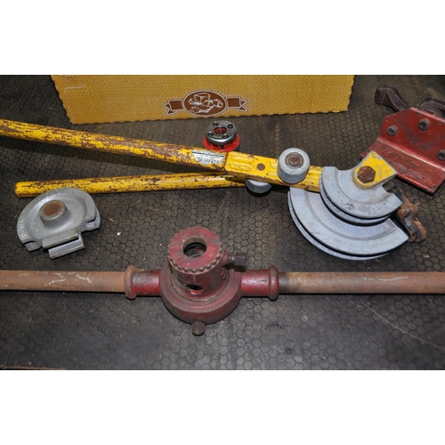 1078 - A TRAY CONTAINING PIPE WORK TOOLS including a Record 91 1/2 pipe clamp, a Hilmor pipe bender, a pipe... 