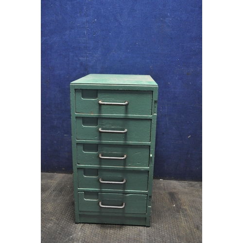 1093 - A VINTAGE PAINTED SMALL CHEST OF FIVE TOOL DRAWERS with a missing locking 'Wellington' style locking... 