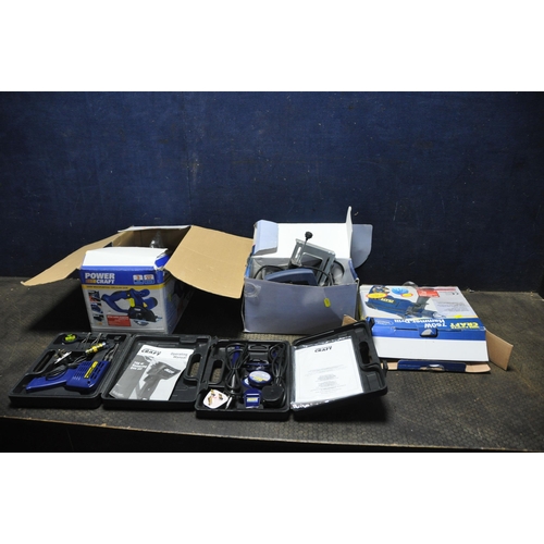 1098 - FIVE POWERCRAFT POWER TOOLS including a cutoff saw, two soldering iron kits, a hammer drill (all bra... 