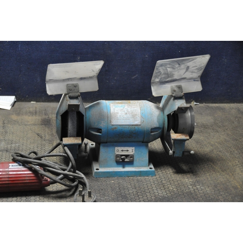 1101 - THREE VINTAGE METALWORKING POWER TOOLS comprising of a Hoover bench polisher (no mops), a Perles she... 